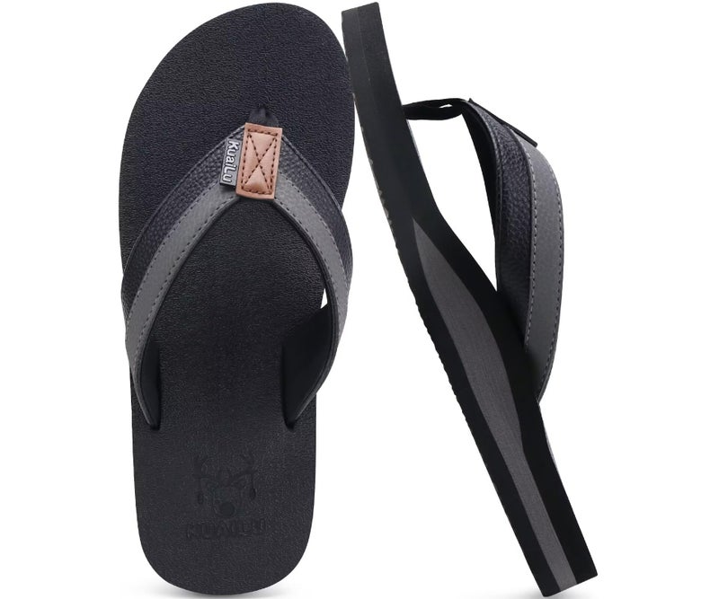 KuaiLu Men's Leather Flip Flops Arch Support Summer Beach Pool Water Thong Sandals Waterproof Rubber Walking Shoes Slip on Orthotic Casual Sport Cushioned Wide Slides Shower Slippers Black Size 12 - Image 1